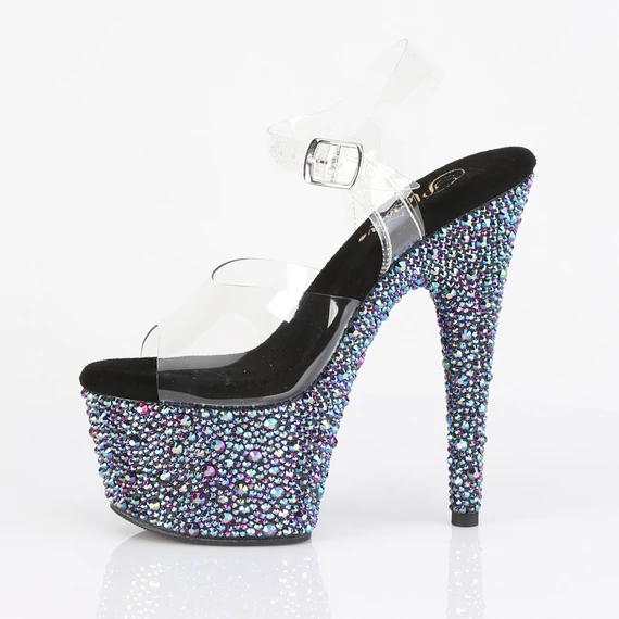 fekete platformos szandál oldalnézetből, extra magas sarok, straszköves platform, szilikon pánt - BEJEWELED-708MS