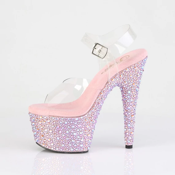 rózsaszín platformos szandál oldalnézetből, extra magas sarok, straszköves platform, szilikon pánt - BEJEWELED-708MS