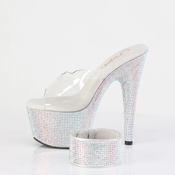 ezüst platformos papucs oldalnézetből, extra magas sarok, straszköves platform, szilikon pánt - BEJEWELED-712RS