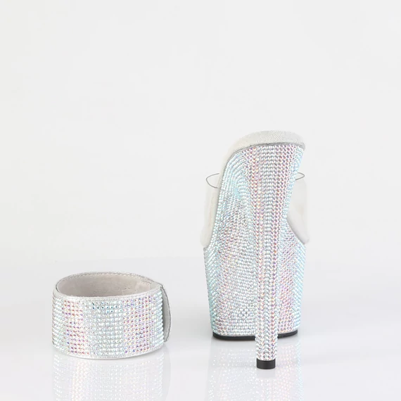 Platformos papucs hátulról, vastag köves platform és magas sarok ezüst kivitelben - BEJEWELED-712RS